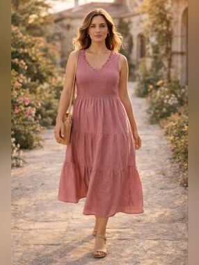 41 Hawthorn Pink Smocked Midi Dress Sleeveless Tiered Cotton Ruffle Neck Size 1X